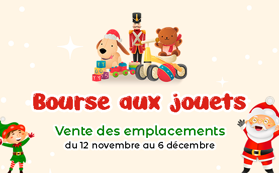 visuel bourse aux jouets polyèdre 2024 avec père noël et lutin