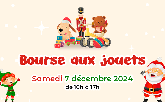 visuel bourse aux jouets polyèdre 2024 avec père noël et lutin