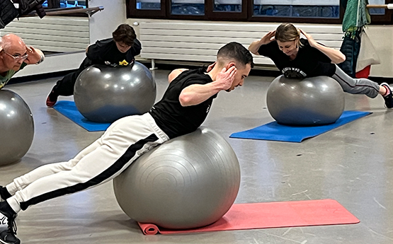 cours de fit'ball avec homme en équilibre sur un gros ballon polyèdre seynod annecy