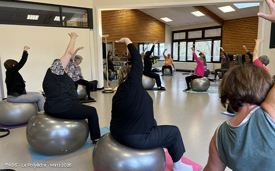 personnes qui s'étirent le corps sur une gym ball polyèdre seynod annecy