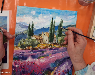 mains de femmes qui peint paysage à l'acrylique polyèdre seynod annecy